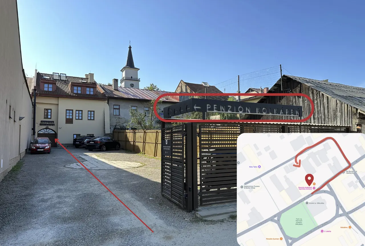 Car park entrance with the Penzión Kolkáreň sign and a map of the approach